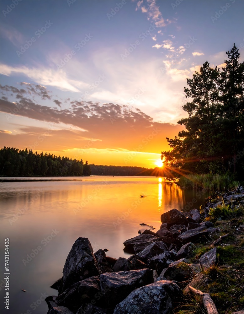 Fototapeta premium Sunset over a calm lake with trees and rocks