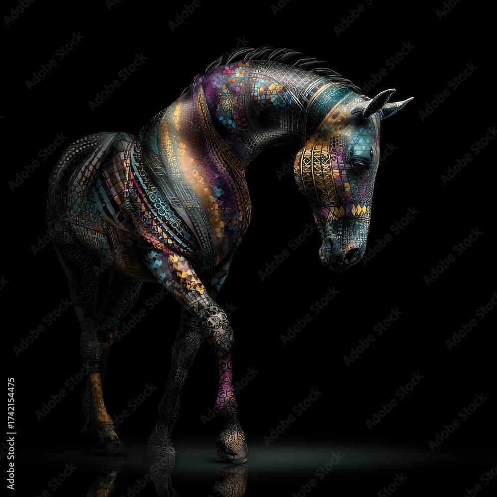 Obraz premium A horse stands gracefully against a dark backdrop, covered in vibrant colors and detailed patterns. The artistic design highlights its form and movement, captivating viewers.