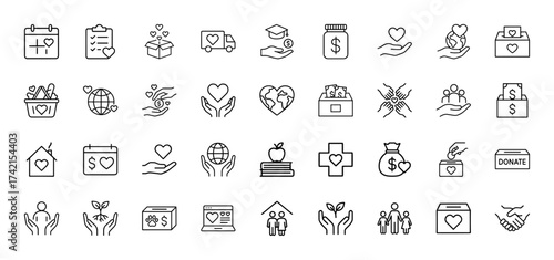 Charity and donation line icon set. Vector pictograms of calendar, checklist, delivery, money, hands, heart, earth, family, education, and shelter, thin linear illustration.