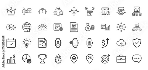 Business and retail line icon set. Vector pictograms of stores, money, calendar, smartwatches, handshake, briefcase, and growth charts, thin linear illustration.