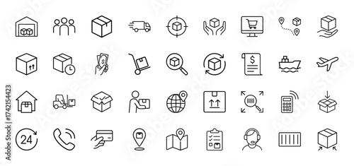 Logistics line icon set. Vector pictograms of warehouse, parcels, delivery truck, shipping, tracking, payment, and customer service, thin linear illustration.