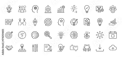 Business strategy line icon set. Vector pictograms of creative light bulbs, analytic charts, team collaboration, brain gears, thin linear illustration.