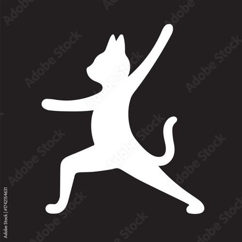 Warrior Pose Cat – Inverse Yoga Vector Silhouette on Black Background