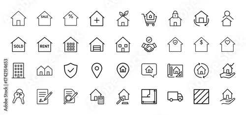 Real estate line icon set. Vector pictograms of houses for sale, rent, sold, apartment buildings, keys, contract, location, blueprint, and moving truck, thin linear illustration.