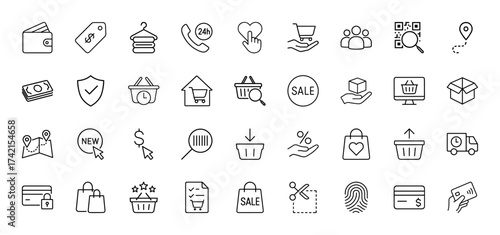 E-commerce line icon set. Vector pictograms of wallet, price tag, shopping cart, delivery, credit card, shopping bags, sale, QR code, map, security, money, and package, thin linear illustration.