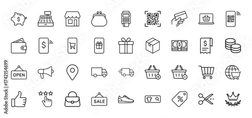 E-commerce and retail line icon set. Vector pictograms of storefront, payment, delivery, shopping, and marketing elements, thin linear illustration.
