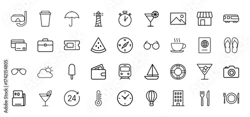 Travel, tourism, and leisure line icon set. Vector pictograms of snorkel, coffee cup, umbrella, lighthouse, bus, credit card, passport, wallet, train, sailboat, camera, thin linear illustration.