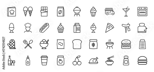 Food and cooking line icon set. Vector pictograms of recipe book, ice cream, chocolate, grill, chef, hot dog, pizza, burger, toaster, coffee, noodles, thin linear illustration.