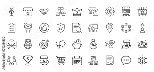 Business, finance, and e-commerce line icon set. Vector pictograms of money plant, storefronts, handshake, checklist, piggy bank, shopping cart, target, money bag, thin linear illustration.