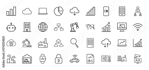 Technology and industry line icon set. Vector pictograms of bar charts, cloud storage, laptops, robotic arms, smart devices, factories, security, and global systems, thin linear illustration.