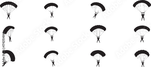 Set of fourteen black and white skydiver icon poses for action and adventure vector