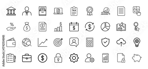 Finance and business line icon set. Vector pictograms of bank, tax, charts, money, security, user management, and digital services, thin linear illustration.