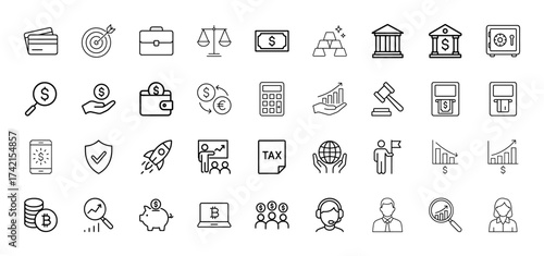 Finance and business line icon set. Vector pictograms of credit card, briefcase, scales, banknote, gold bars, bank, safe, wallet, chart, tax, bitcoin, linear illustration.