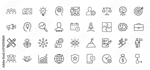 Business line icon set. Vector pictograms of team, strategy, ideas, analytics, startup, goals, collaboration, progress, and growth, thin linear illustration.
