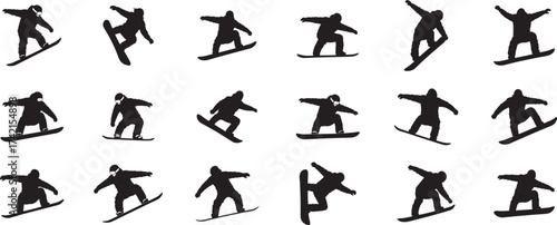 Dynamic snowboarding silhouettes capturing various stances and action poses on a clean canvas for winter sports graphics vector