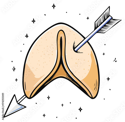 Cartoon Fortune Cookie Pierced By Arrow Nostalgic Illustration Fantasy Concept