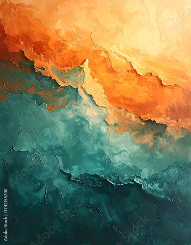 Textured abstract painting with warm and cool colors