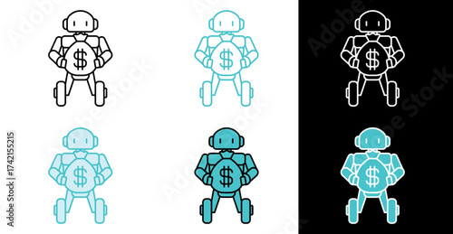 Robot holding dollar bag icon for financial technology and automated banking in line