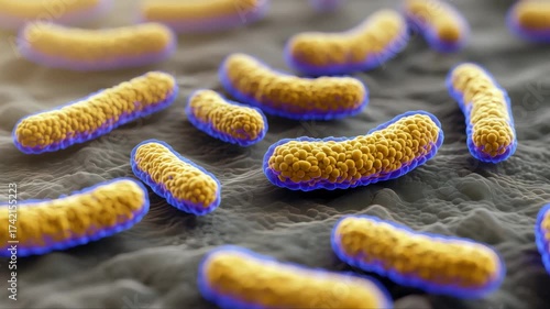 Microscopic close-up of Listeria bacteria clustered and scattered on dark surface