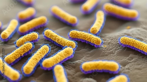 Rod-shaped Listeria bacteria under microscope showing golden texture and blue outlines