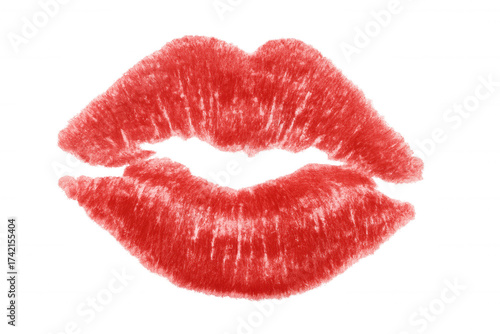 Red kiss mark with textured lipstick creating a romantic and passionate symbol, transparent background