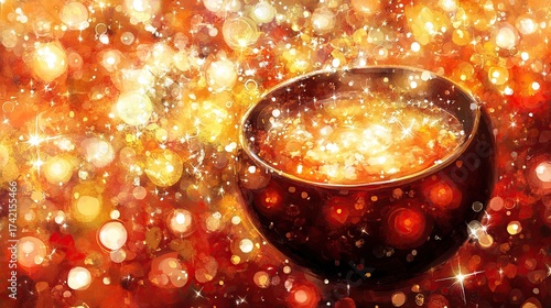 Sparkling autumn beverage in bowl, bokeh background, festive