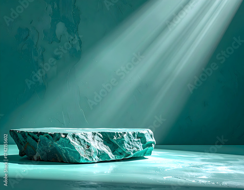 Elegant teal stone pedestal illuminated by a dramatic spotlight, creating a mystical product display stage against a textured turquoise background for premium showcase