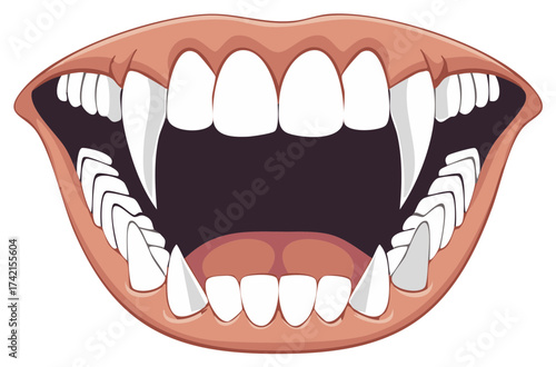 Open vampire mouth with sharp white fangs cartoon illustration for Halloween