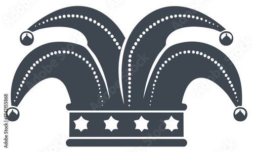 Jester Hat with Bells and Stars Illustration, Festival Costume Icon or Harlequin Outfit Element