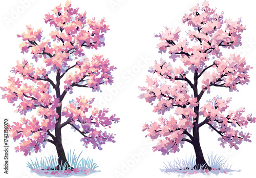 Beautiful pink cherry blossom tree illustration, spring season artwork, floral design, blooming nature scene, Japanese sakura tree, digital art, landscape background