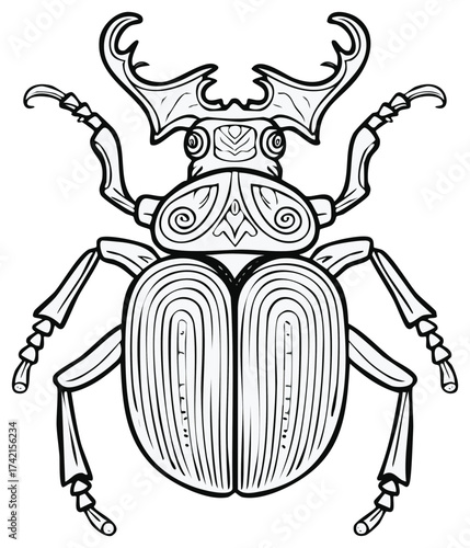 Detailed line art of a stag beetle with ornate symmetrical patterns on its shell