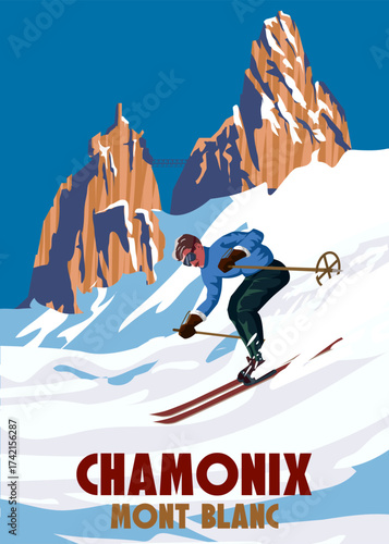 Vintage Travel poster Ski Chamonix resort. France winter landscape travel card