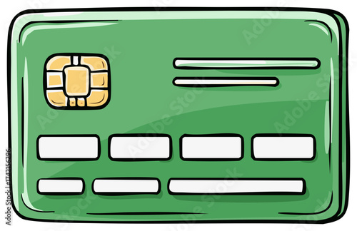 Green Cartoon Payment Card Illustration with EMV Chip for Financial Transactions