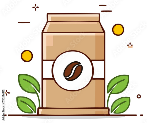 Flat design illustration of a coffee bag with a coffee bean logo and surrounding foliage