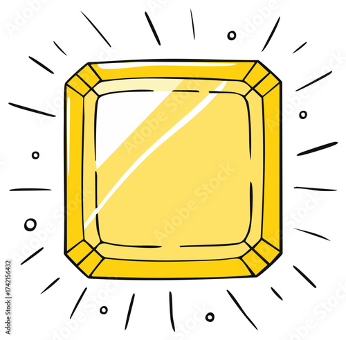Shiny square cut yellow gem doodle illustration glowing with light and sparkle