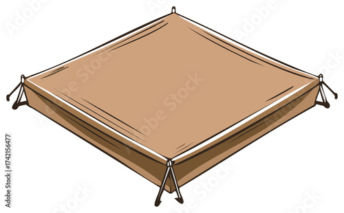 Simple illustrated campsite tent or shelter with brown fabric and metal poles