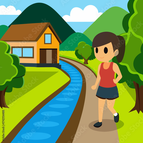 A girl walks along a path next to a stream with a house and mountains in the background
