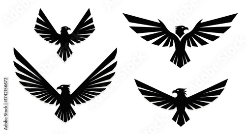 Majestic Stylized Black Eagles in Flight Vector Illustration, Powerful Birds of Prey with Spread Wings and Geometric Design on White Background, Emblematic Symbol of Strength and Freedom, Flat Vector