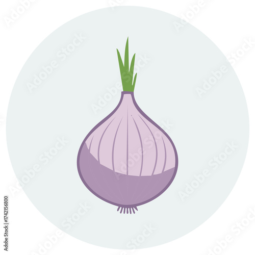 Stylized red onion bulb with green shoots icon in a pastel circle