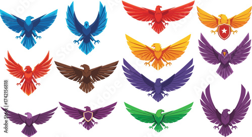 Collection of stylized geometric eagle logos in various colors, featuring majestic birds of prey with spread wings for branding and design projects on a white background., Flat Vector Elements,