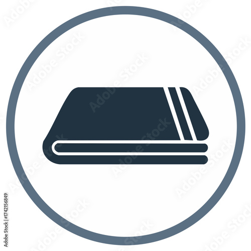 Folded towel inside blue circle, dark towel with white stripes