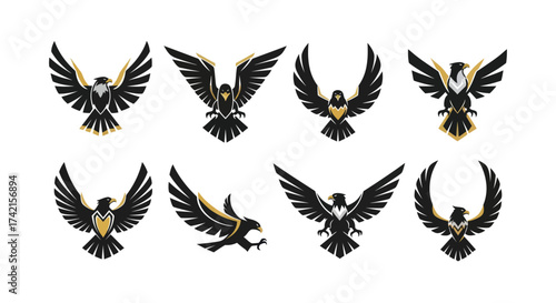 Collection of stylized black and gold eagle logos with spread wings, featuring modern, abstract, and dynamic designs for branding, sports teams, gaming, and corporate identity on a white background.,