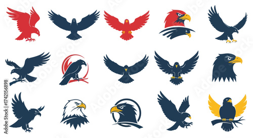 Dynamic collection of stylized eagle and hawk vector illustrations in red and dark blue, showcasing various poses including flying, perched, and head views for logos and branding., Flat Vector