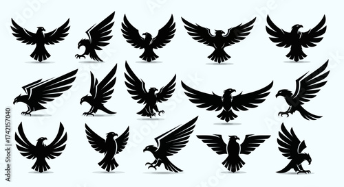 Collection of Black Eagle and Hawk Logos and Silhouettes. Set of Dynamic of Prey Mascots and Icons with Spread Wings, Ready for Action, for Sports, Brand, or Team Designs., Flat Vector Elements,