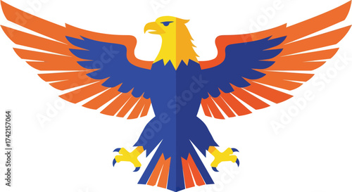 Dynamic Stylized Eagle Logo with Vibrant and Blue Wings, Yellow Beak and Talons, Against a Clean White Background, Flat Vector Elements, Vector Illustration, Simple Vector, Stylized Vector Drawing,
