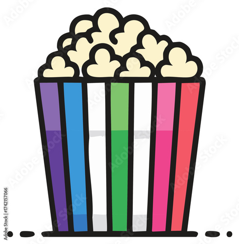Hand drawn doodle style popcorn bucket with colorful stripes ready for a fun cinema experience
