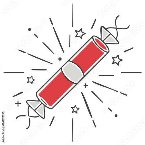 Festive red party cracker exploding with sparkling stars lines and joyful celebration elements