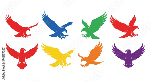 Dynamic Eagle Logos Collection: Red, Blue, and Yellow of Prey Silhouettes on White, Flat Vector Elements, Vector Illustration, Simple Vector, Stylized Vector Drawing, Vector Template, Clean Vector