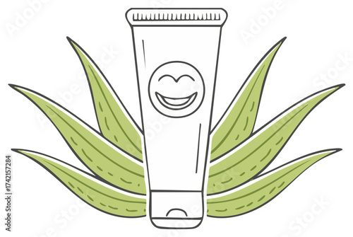 Aloe vera leaves with a tube of facial cream in cartoon style for beauty ads