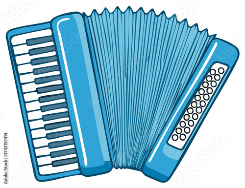 Stylized illustration of a bright blue accordion with a keyboard and bellows